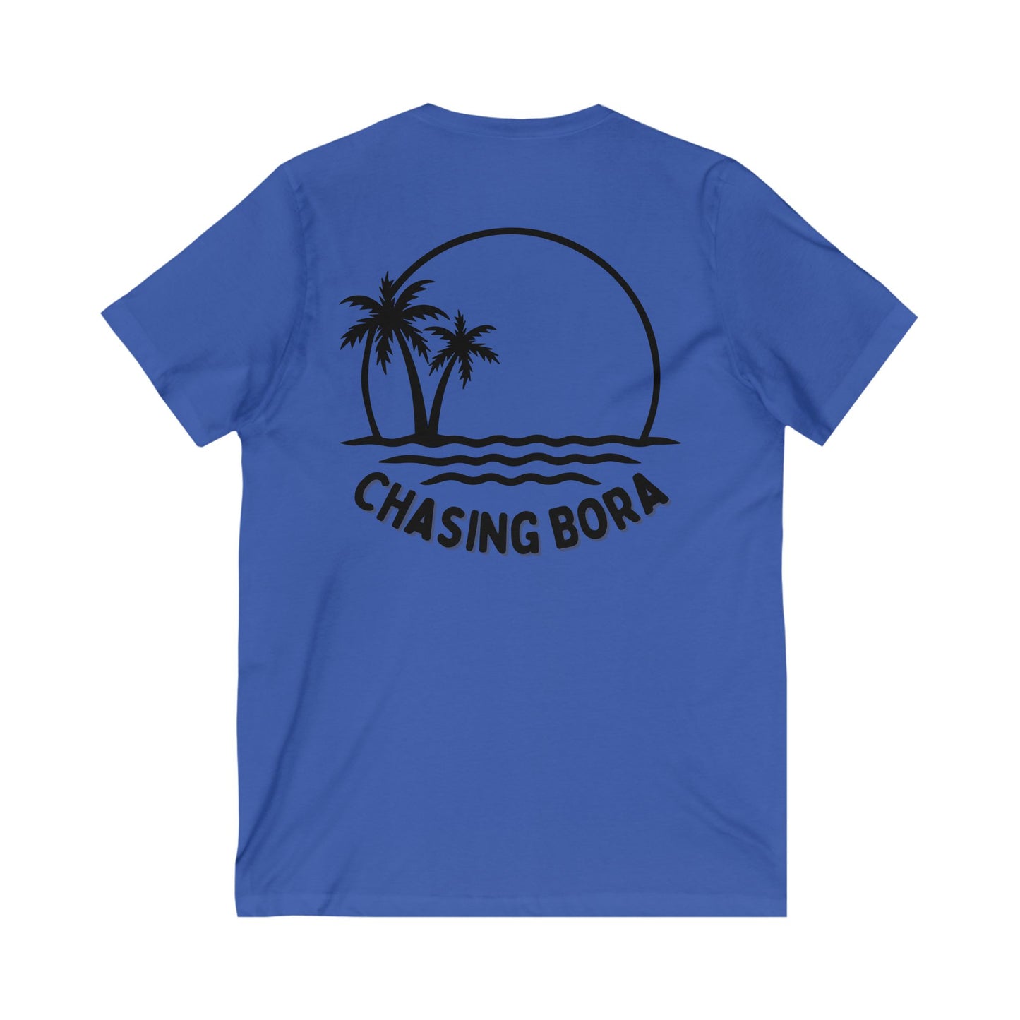 Chasing Bora V-Neck Tee - Relaxed Beach Style Shirt with Tropical Sunset Design
