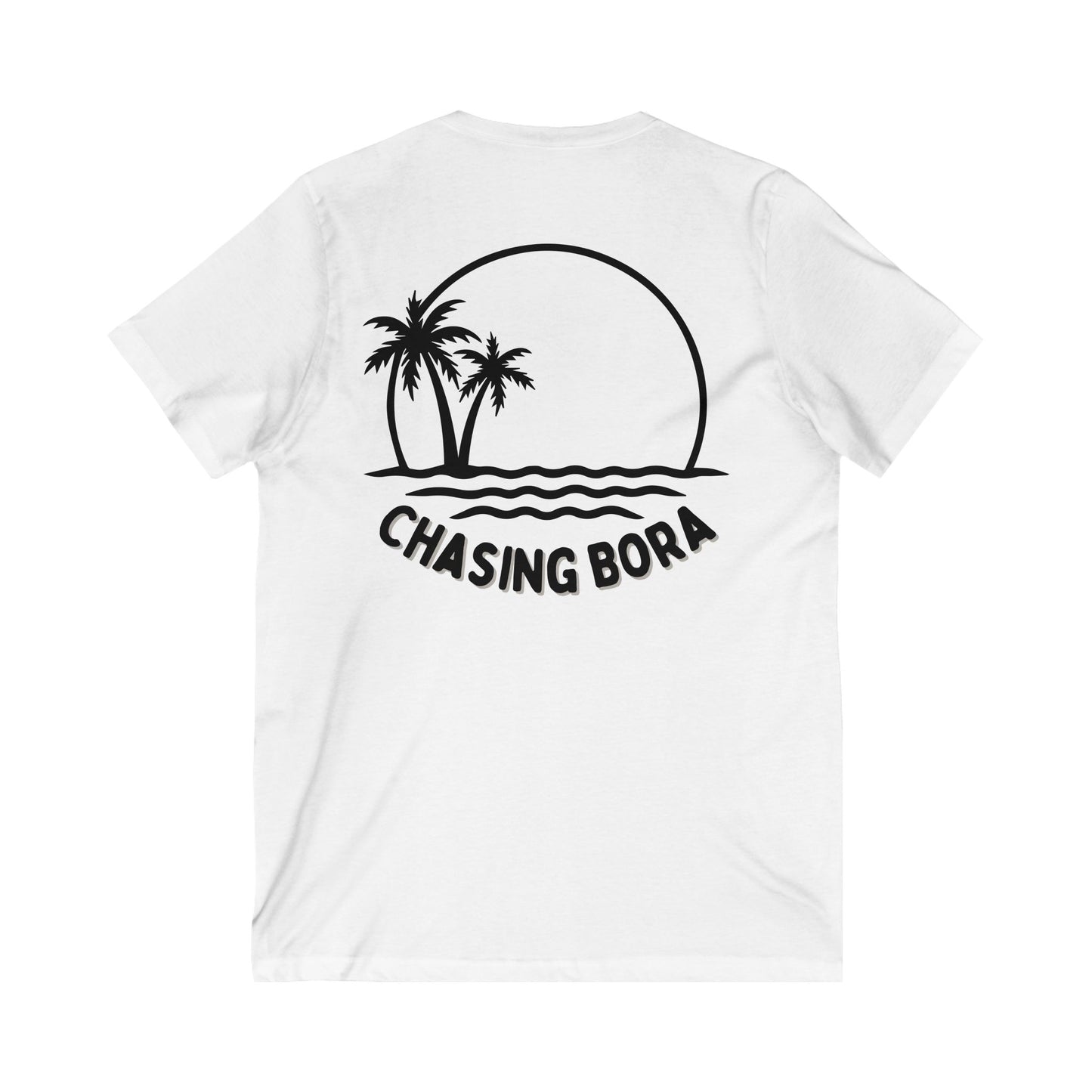 Chasing Bora V-Neck Tee - Relaxed Beach Style Shirt with Tropical Sunset Design