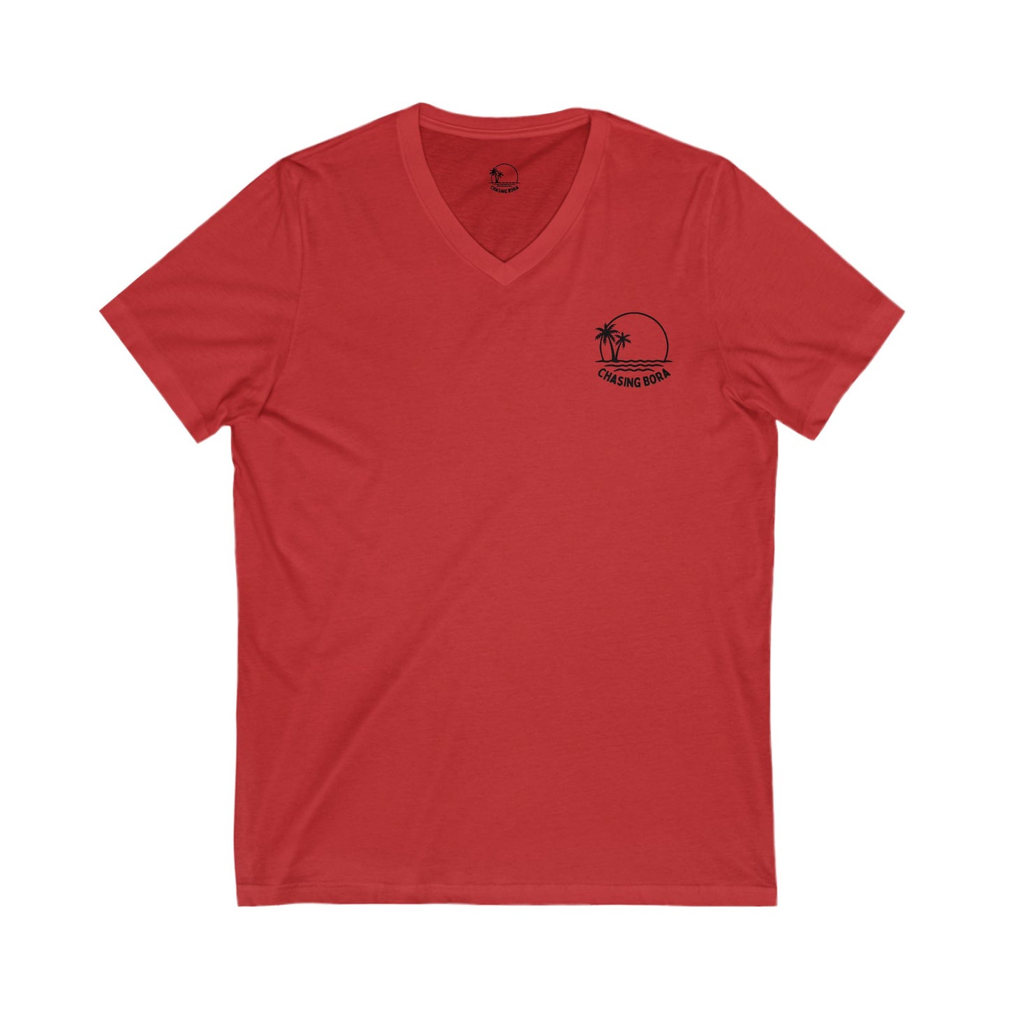 Chasing Bora V-Neck Tee - Relaxed Beach Style Shirt with Tropical Sunset Design