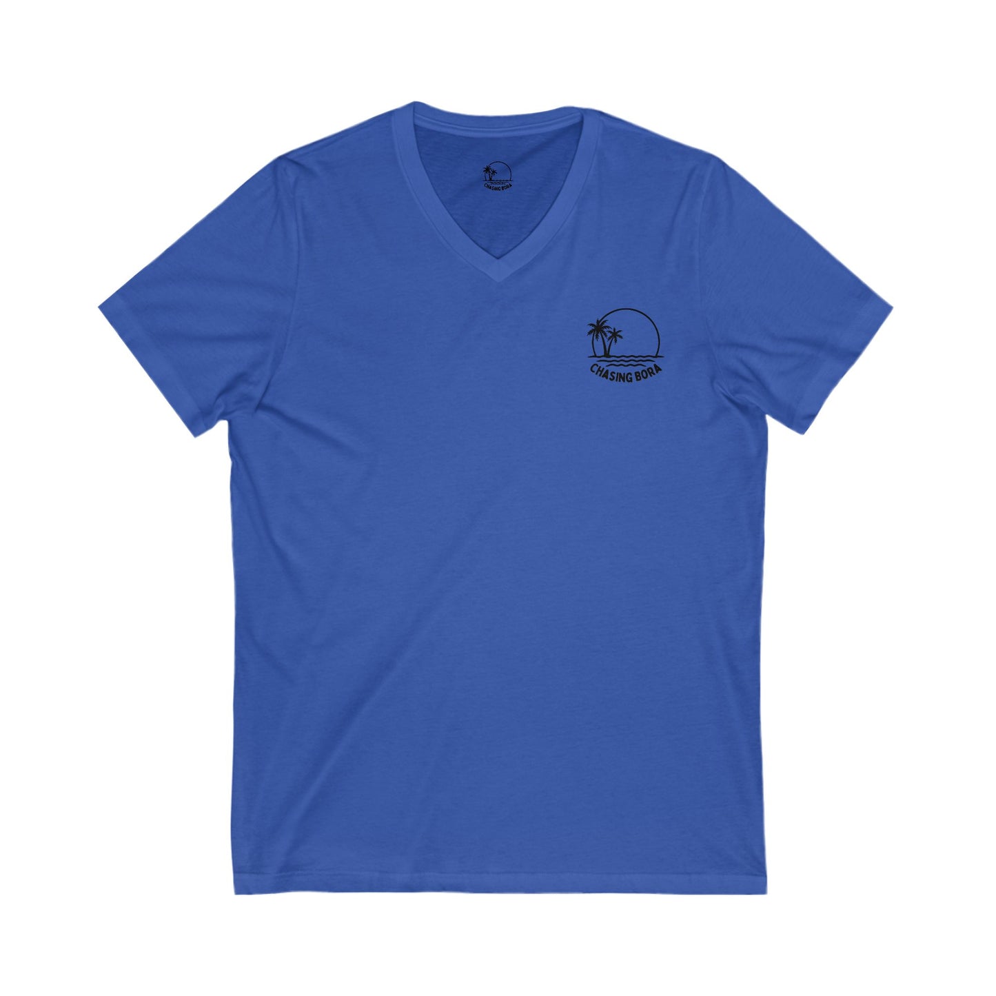 Chasing Bora V-Neck Tee - Relaxed Beach Style Shirt with Tropical Sunset Design