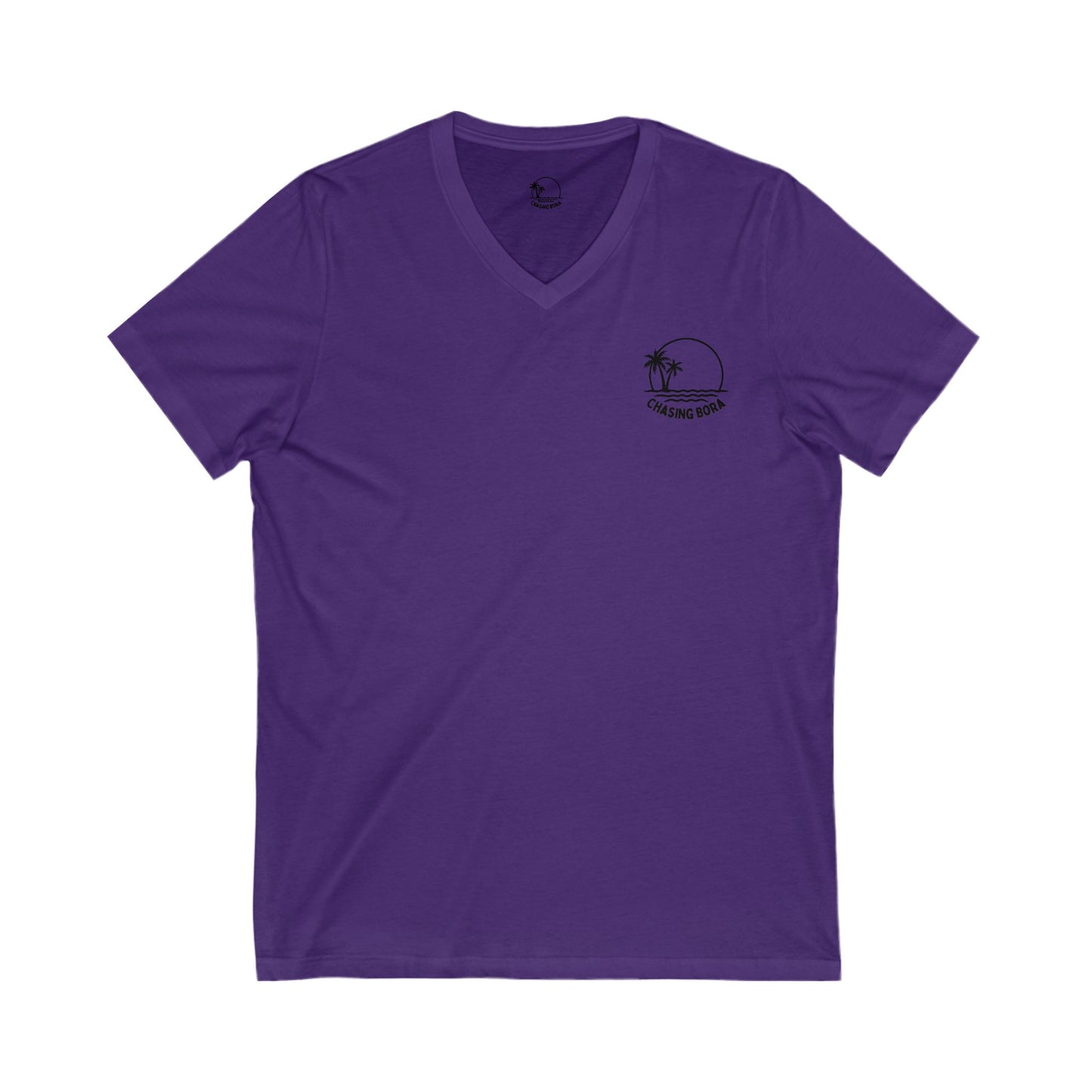 Chasing Bora V-Neck Tee - Relaxed Beach Style Shirt with Tropical Sunset Design