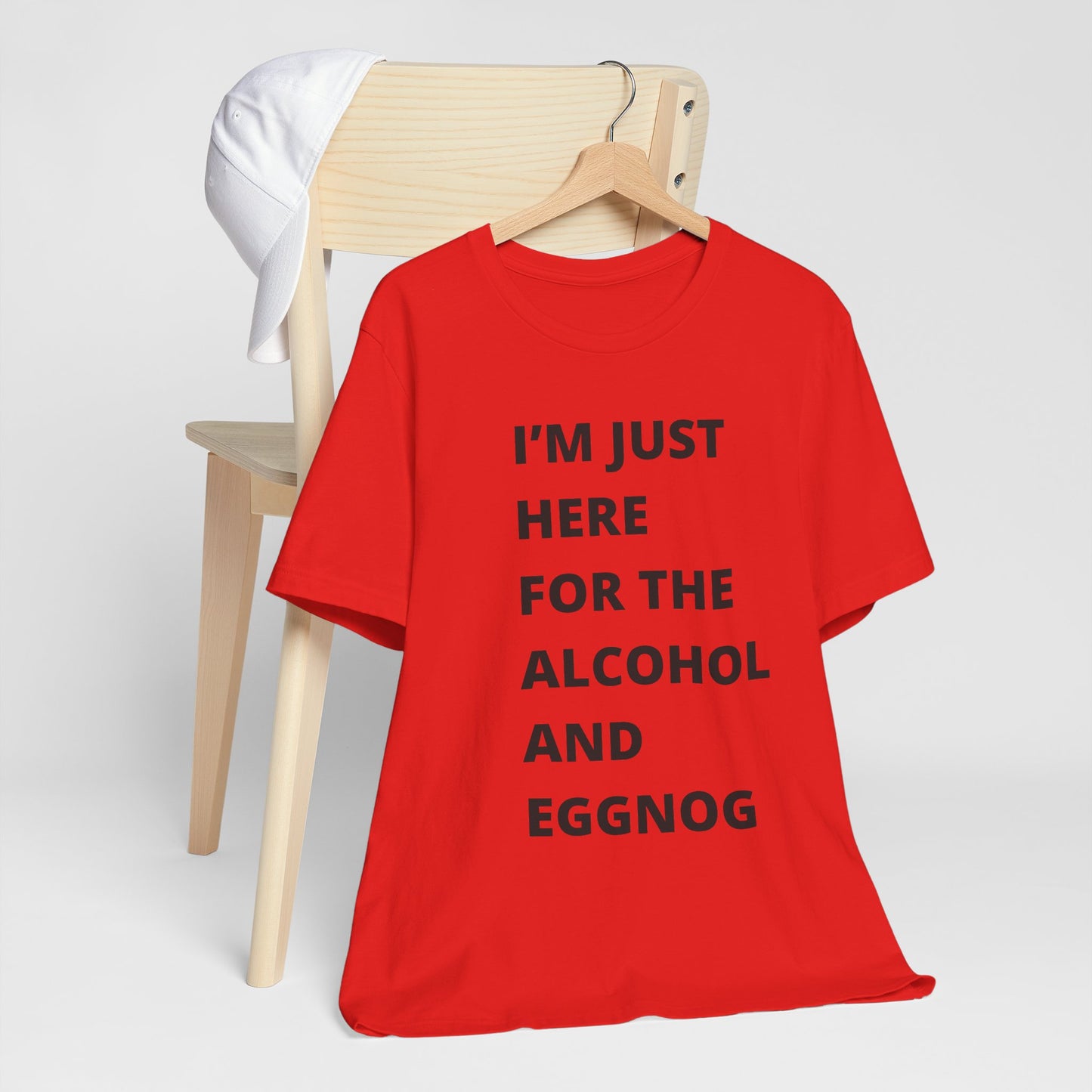 Funny Holiday Tee - 'I’m Just Here for the Alcohol and Eggnog' Unisex Jersey Short Sleeve Shirt
