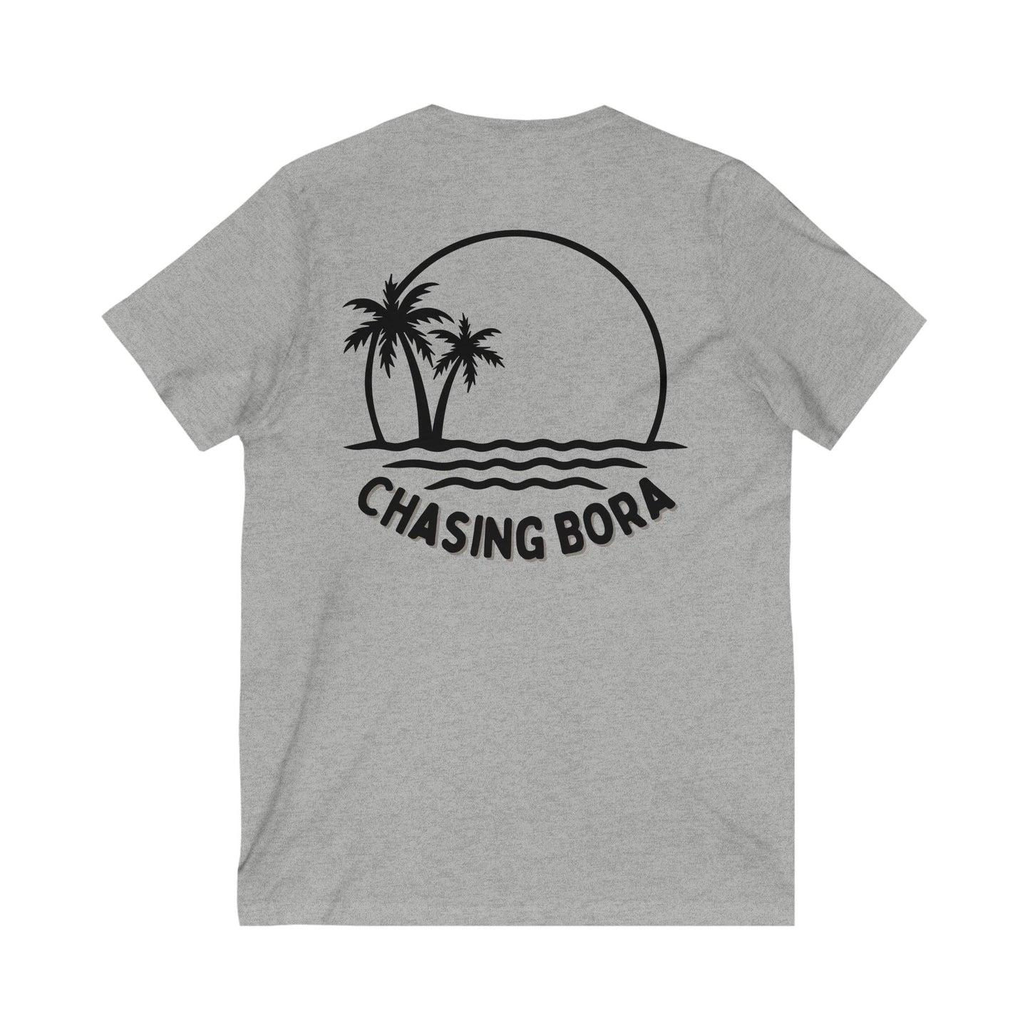 Chasing Bora V-Neck Tee - Relaxed Beach Style Shirt with Tropical Sunset Design