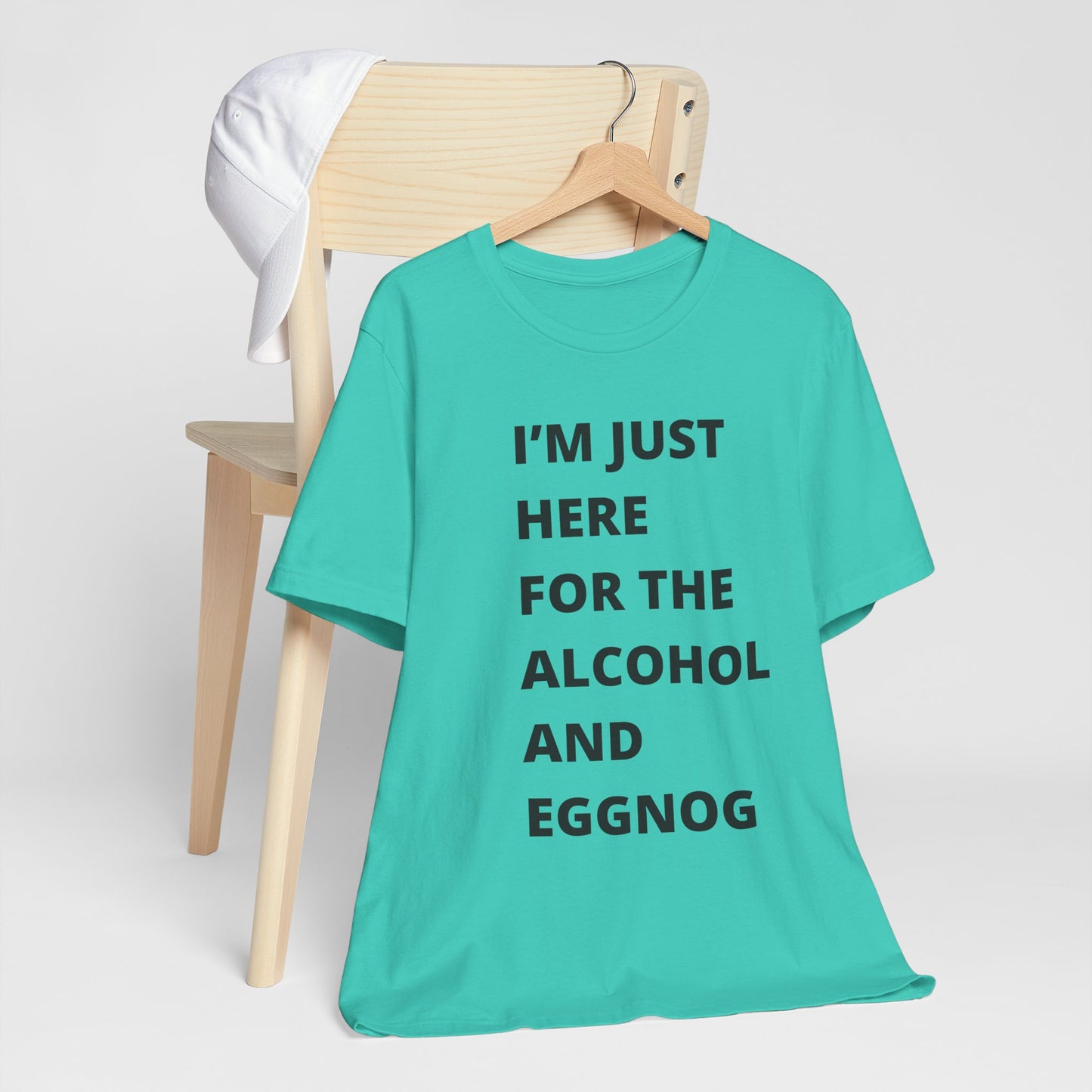Funny Holiday Tee - 'I’m Just Here for the Alcohol and Eggnog' Unisex Jersey Short Sleeve Shirt