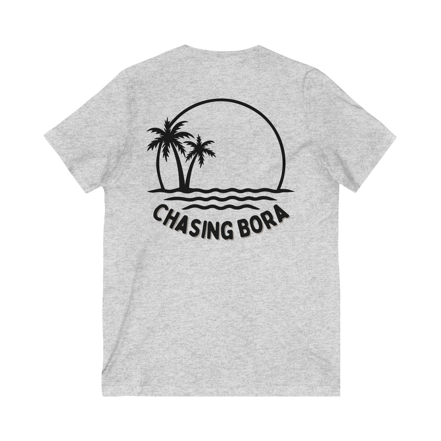 Chasing Bora V-Neck Tee - Relaxed Beach Style Shirt with Tropical Sunset Design