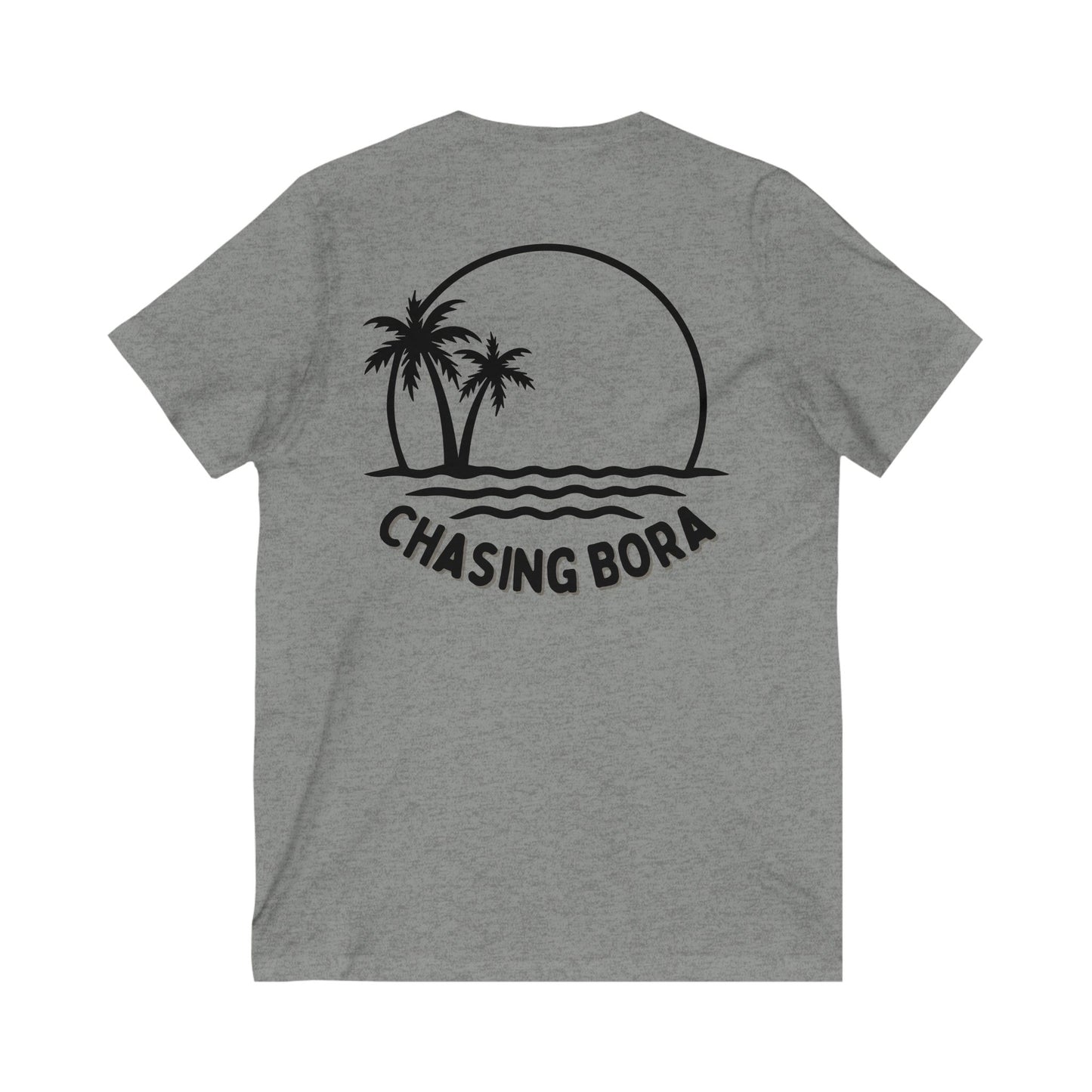 Chasing Bora V-Neck Tee - Relaxed Beach Style Shirt with Tropical Sunset Design