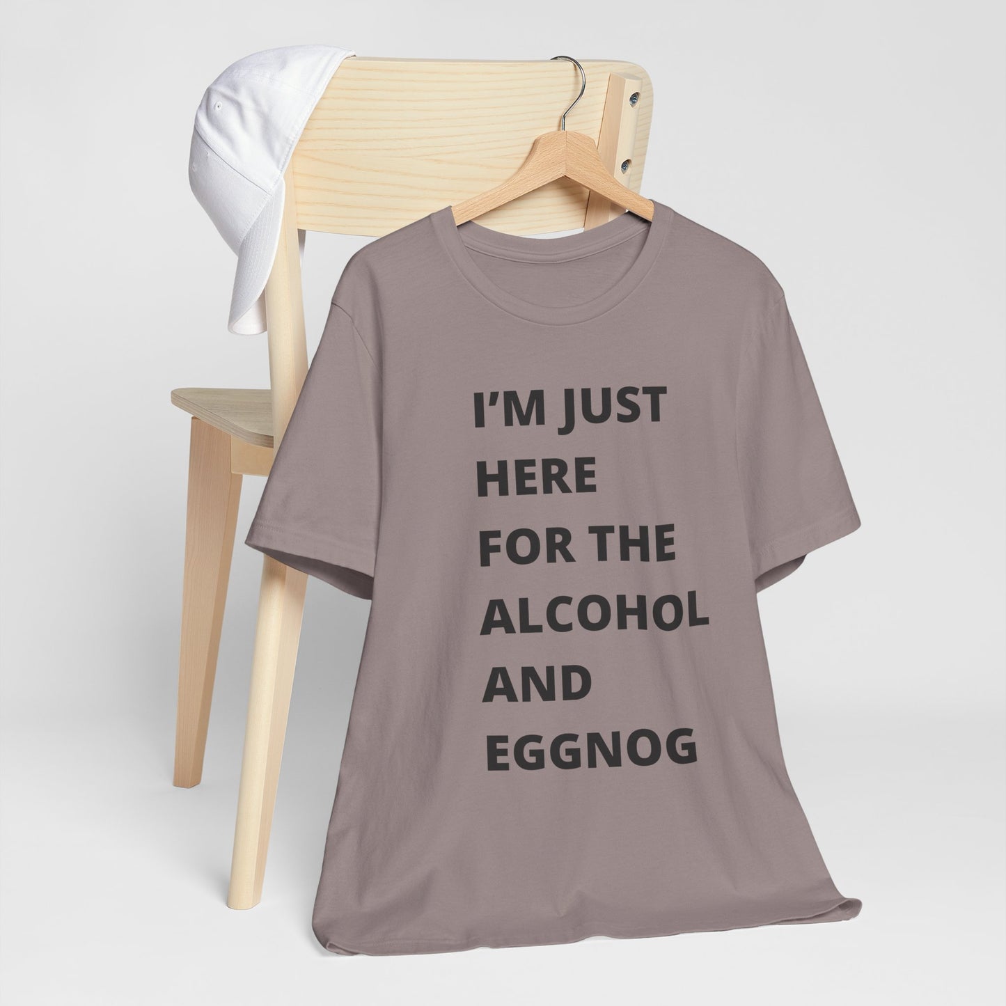 Funny Holiday Tee - 'I’m Just Here for the Alcohol and Eggnog' Unisex Jersey Short Sleeve Shirt