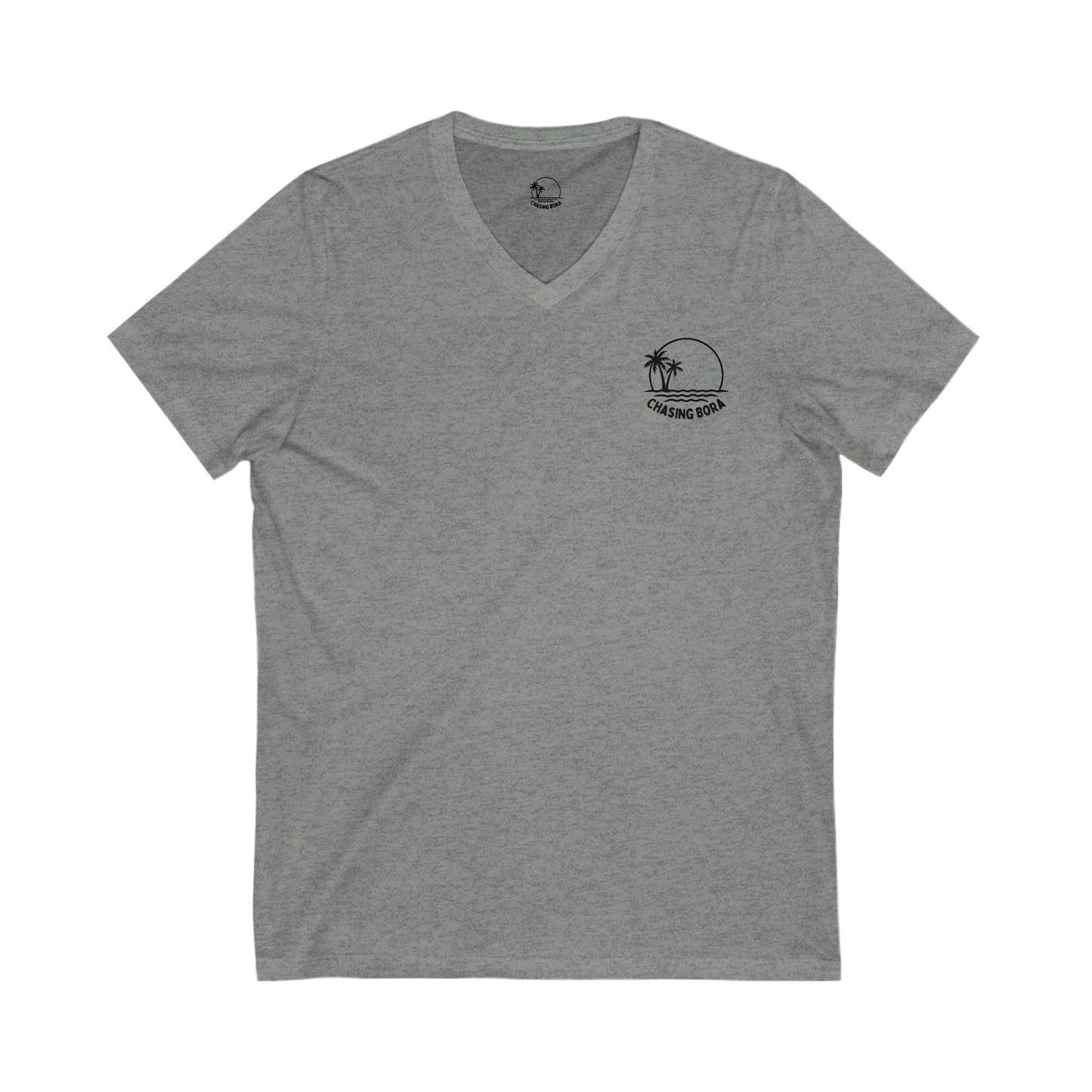 Chasing Bora V-Neck Tee - Relaxed Beach Style Shirt with Tropical Sunset Design