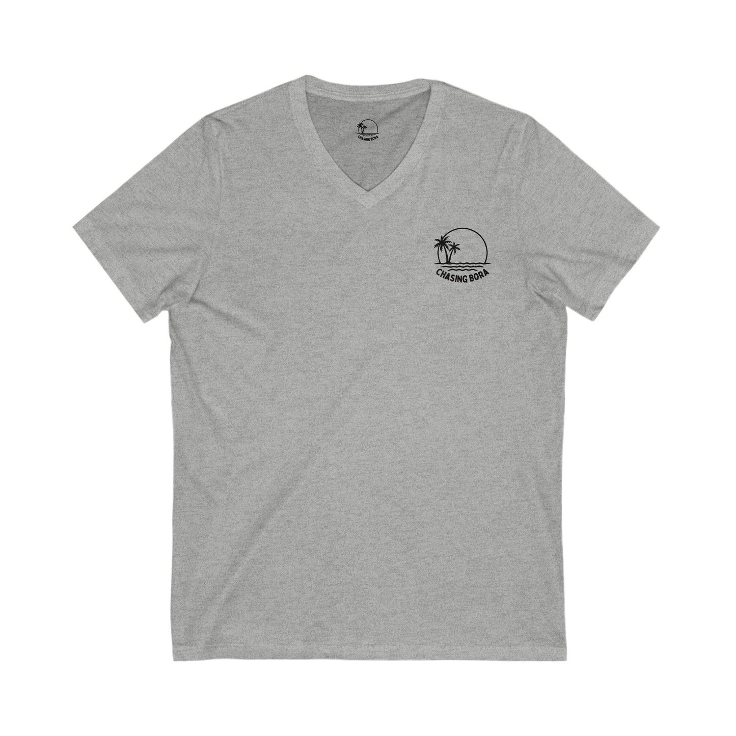 Chasing Bora V-Neck Tee - Relaxed Beach Style Shirt with Tropical Sunset Design