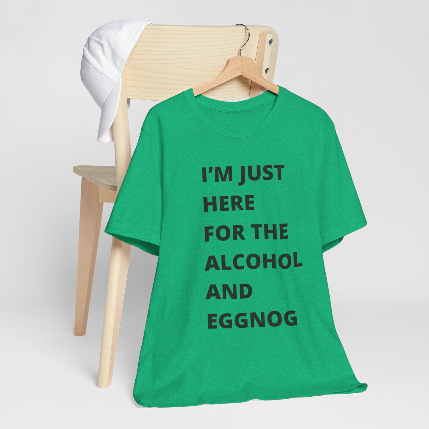 Funny Holiday Tee - 'I’m Just Here for the Alcohol and Eggnog' Unisex Jersey Short Sleeve Shirt
