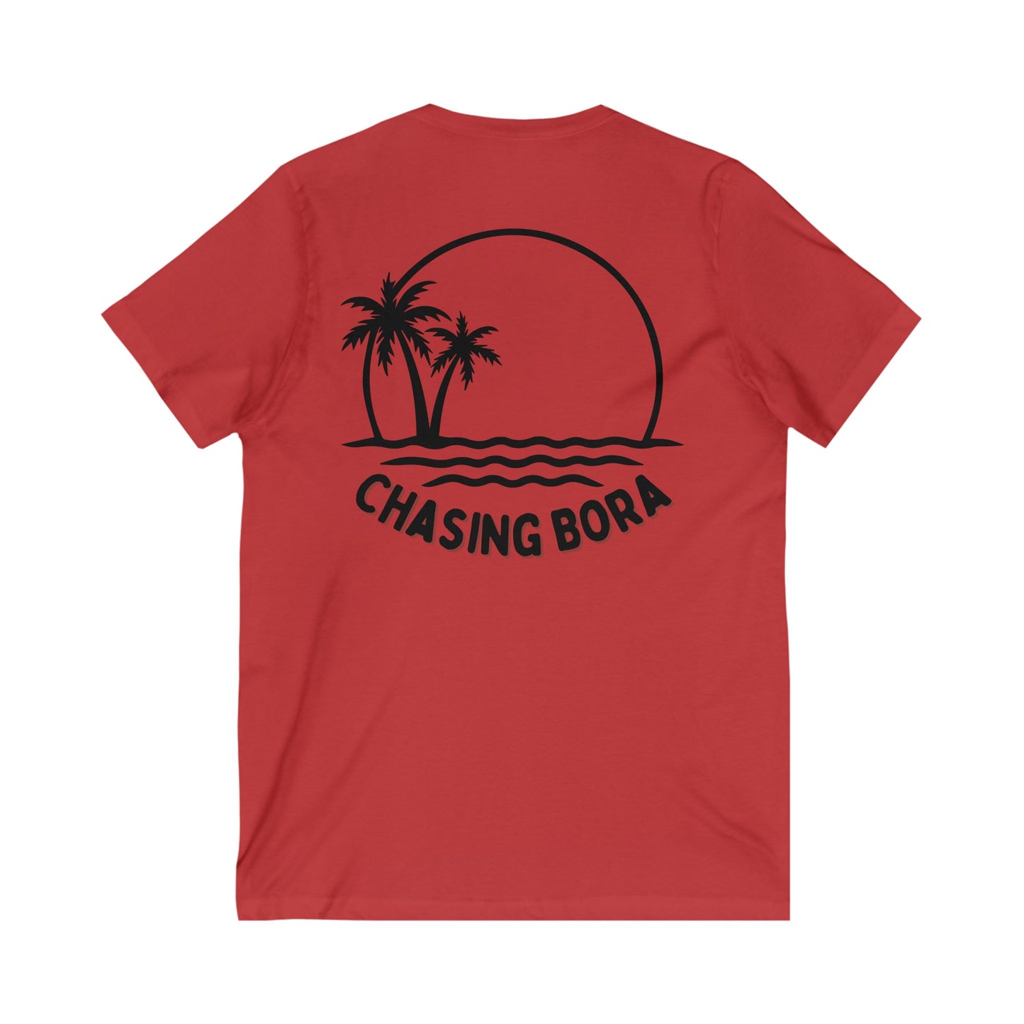 Chasing Bora V-Neck Tee - Relaxed Beach Style Shirt with Tropical Sunset Design