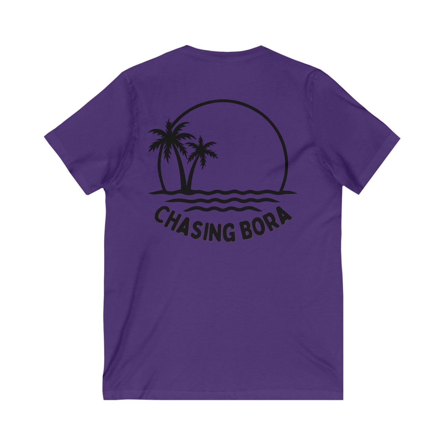 Chasing Bora V-Neck Tee - Relaxed Beach Style Shirt with Tropical Sunset Design