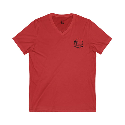 Chasing Bora V-Neck Tee - Relaxed Beach Style Shirt with Tropical Sunset Design