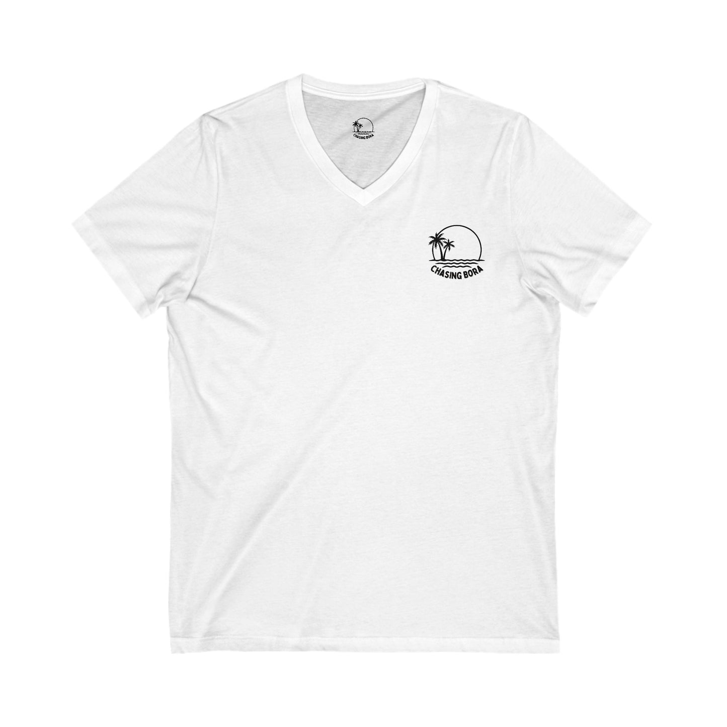 Chasing Bora V-Neck Tee - Relaxed Beach Style Shirt with Tropical Sunset Design