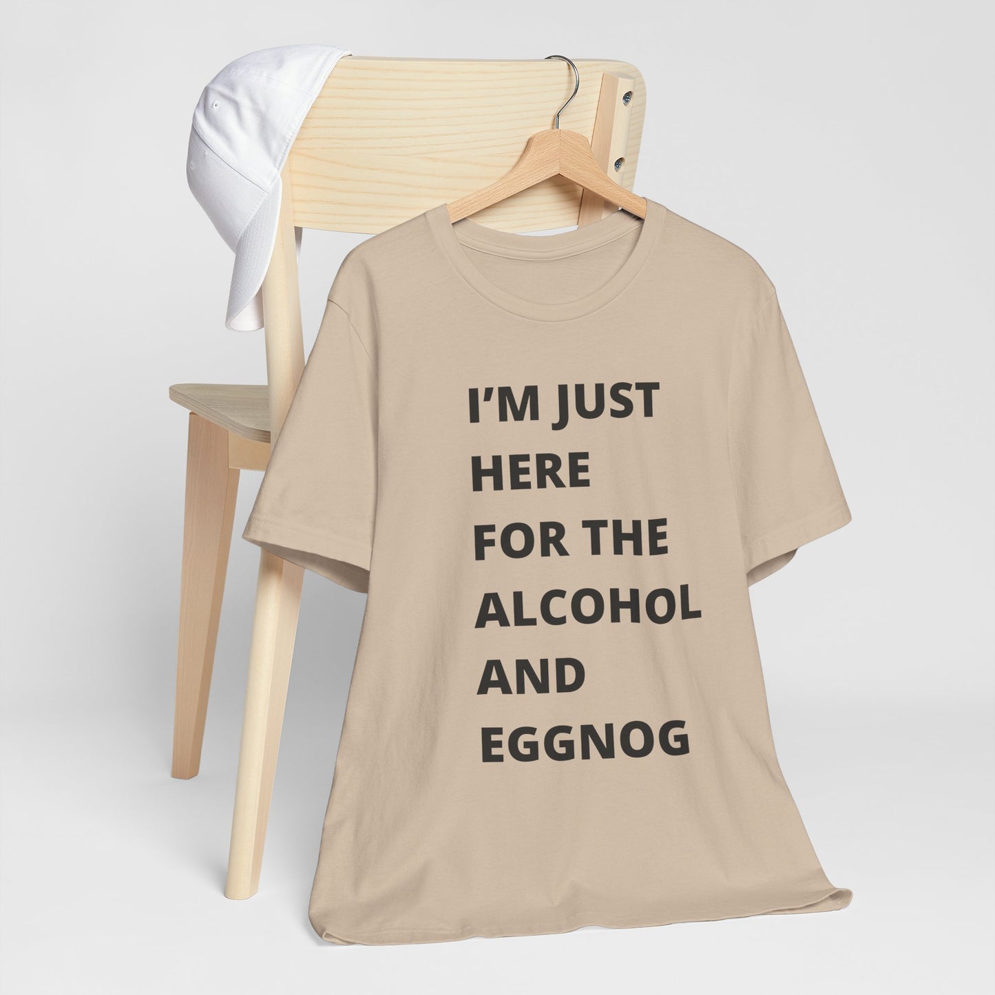 Funny Holiday Tee - 'I’m Just Here for the Alcohol and Eggnog' Unisex Jersey Short Sleeve Shirt