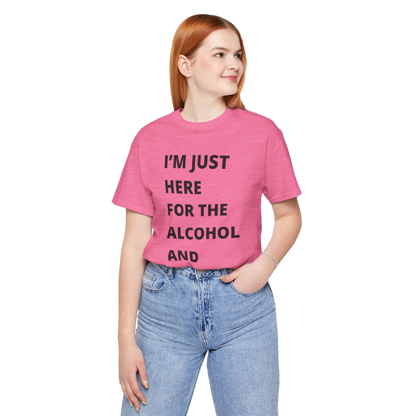 Funny Holiday Tee - 'I’m Just Here for the Alcohol and Eggnog' Unisex Jersey Short Sleeve Shirt