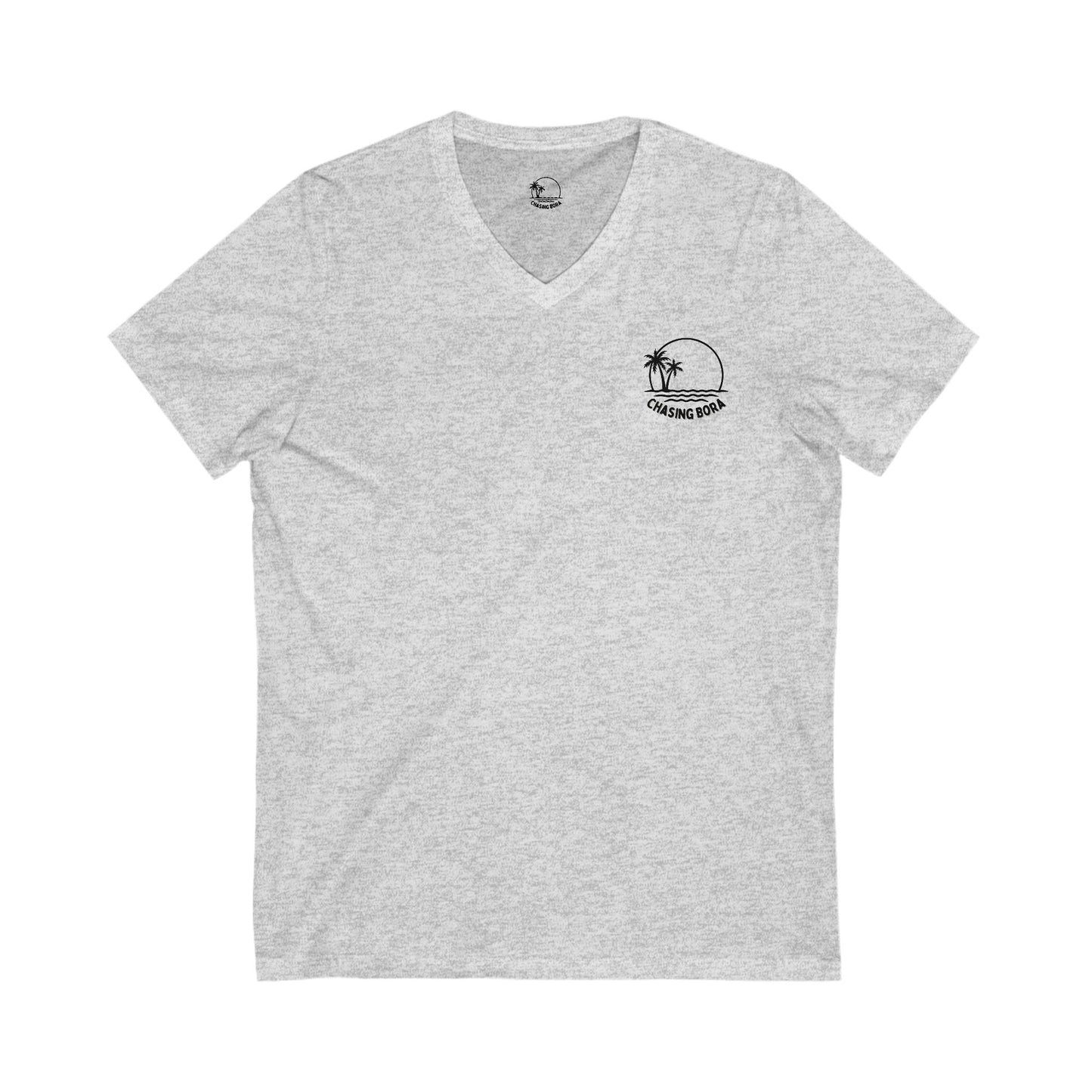Chasing Bora V-Neck Tee - Relaxed Beach Style Shirt with Tropical Sunset Design