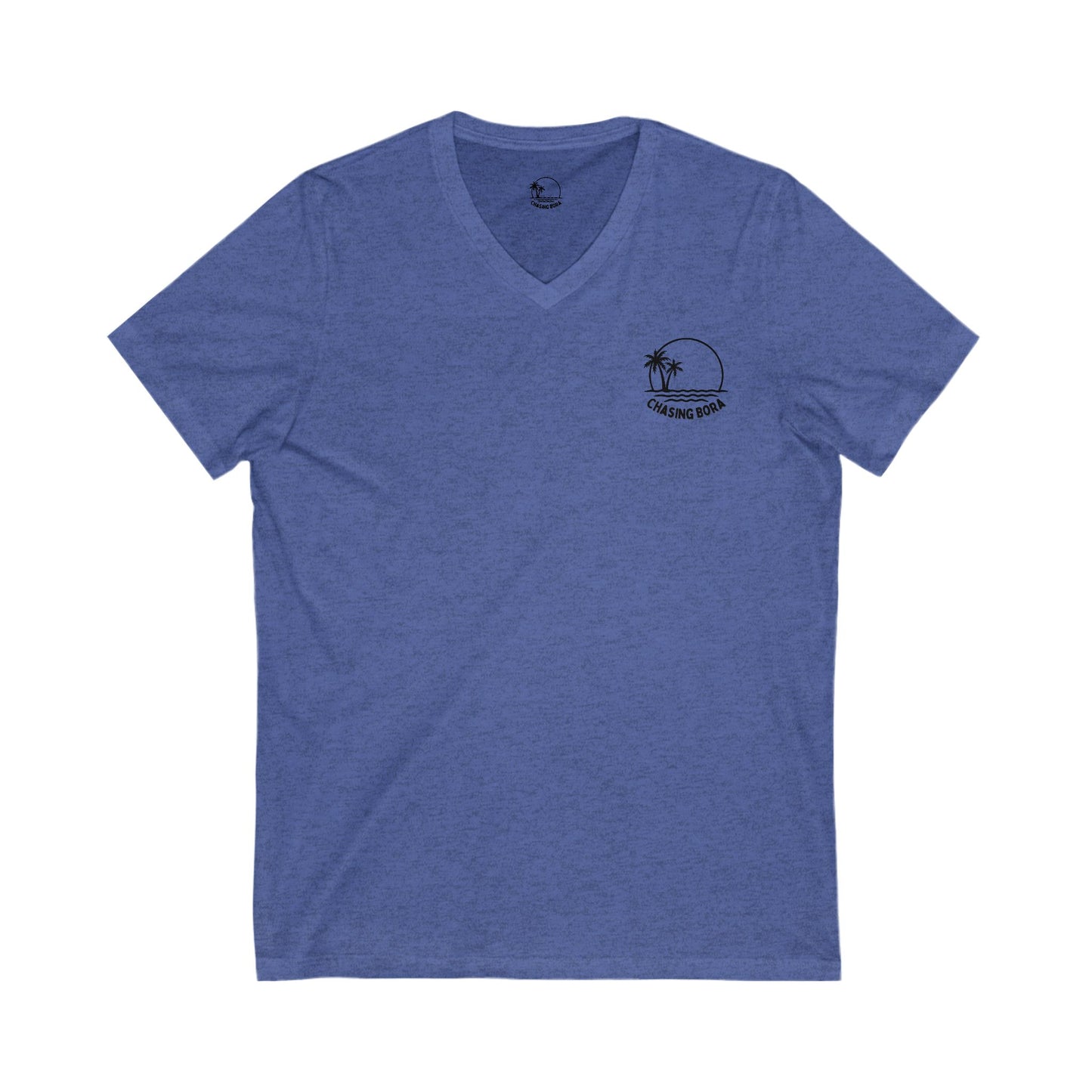 Chasing Bora V-Neck Tee - Relaxed Beach Style Shirt with Tropical Sunset Design